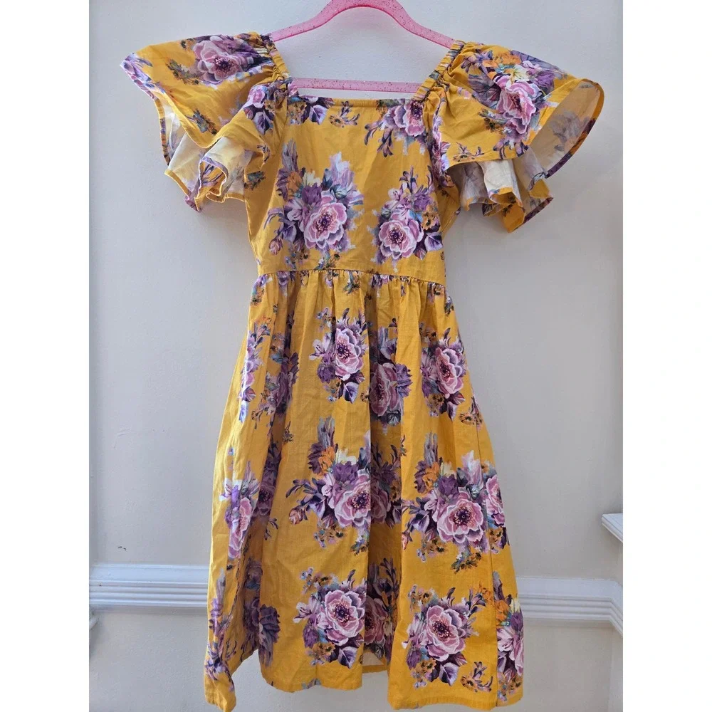 Next Girls Mustard Yellow Floral Flutter Sleeve Cutout Back Cotton Dress Size 7‎